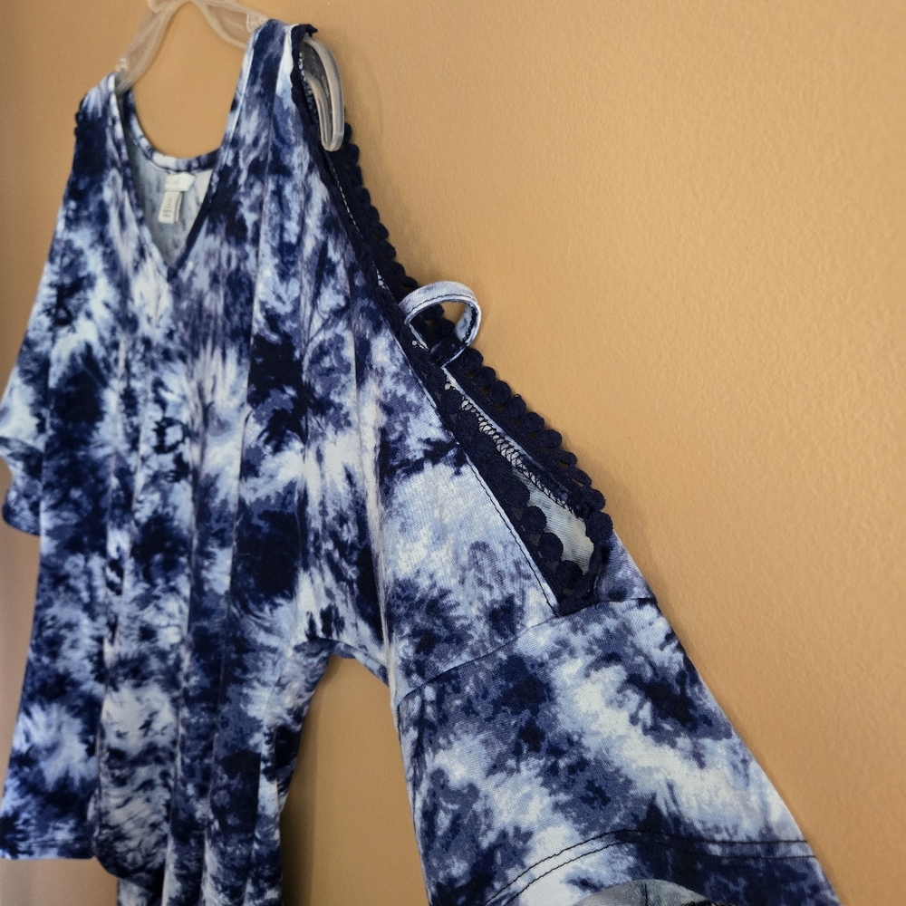 Cato Tie Dye Cold Shoulder Embroidery Accent Top